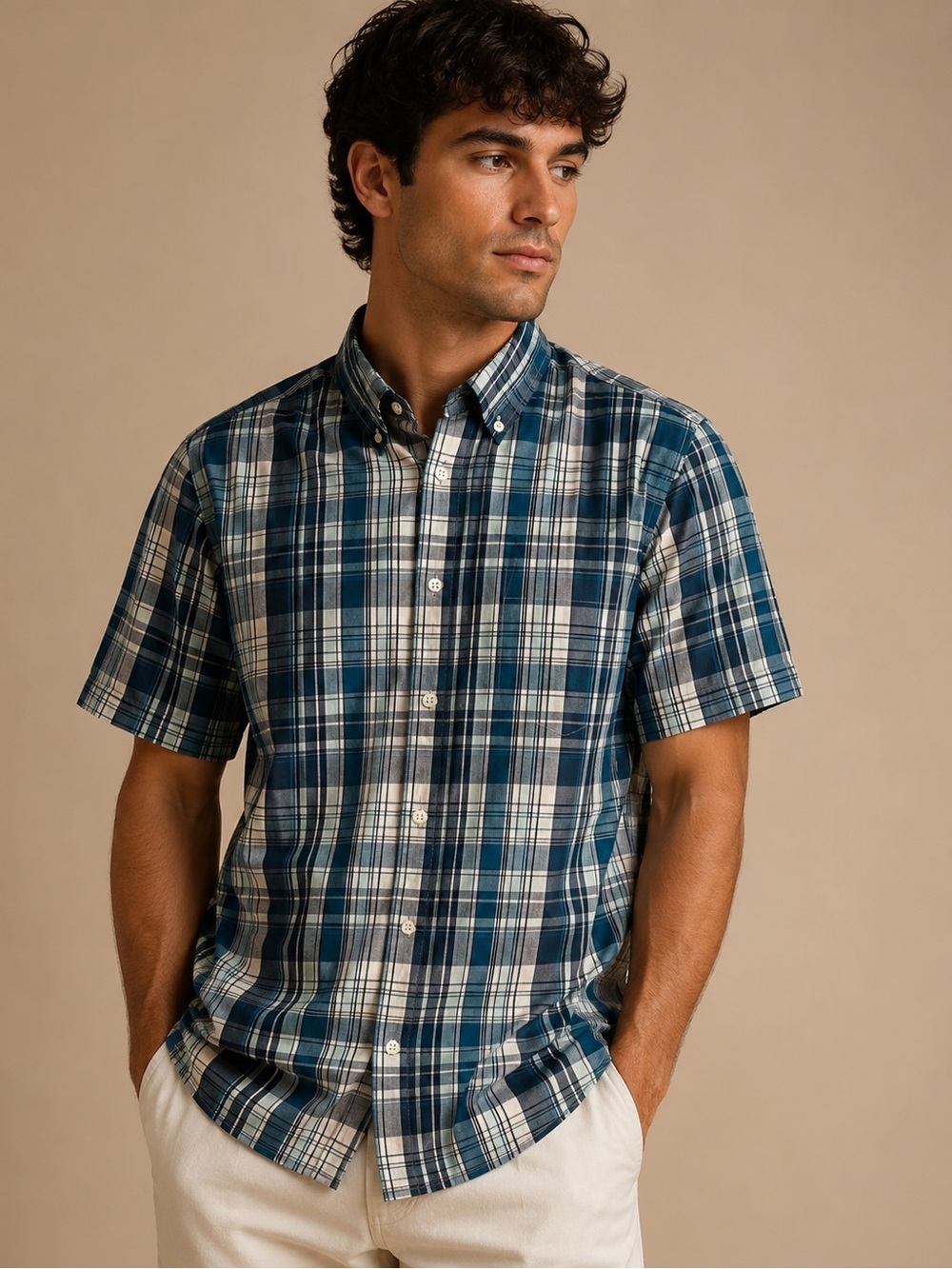George Men’s Blue Teal Plaid Short Sleeve Button Down Shirt Size L